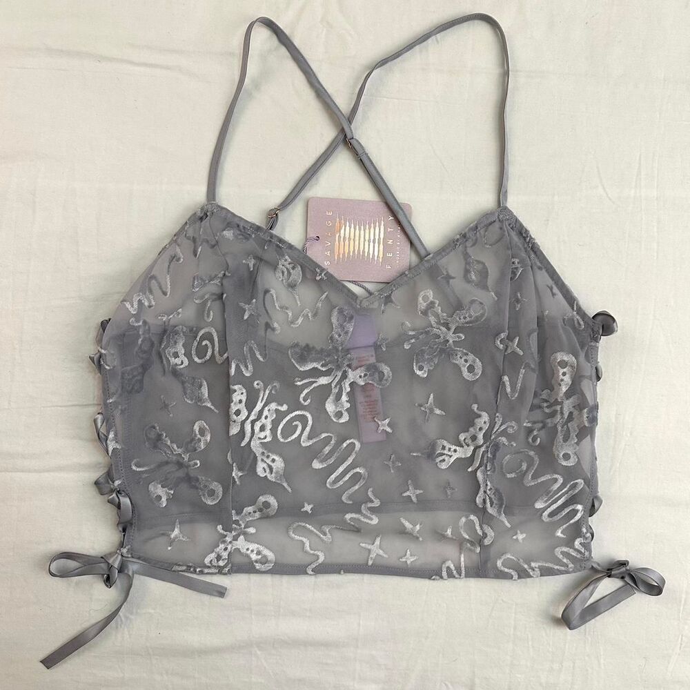 NWT Savage X Fenty Devore‎ Dreams Silver Velvet Sleep Cami Lace Up Sides Sz L